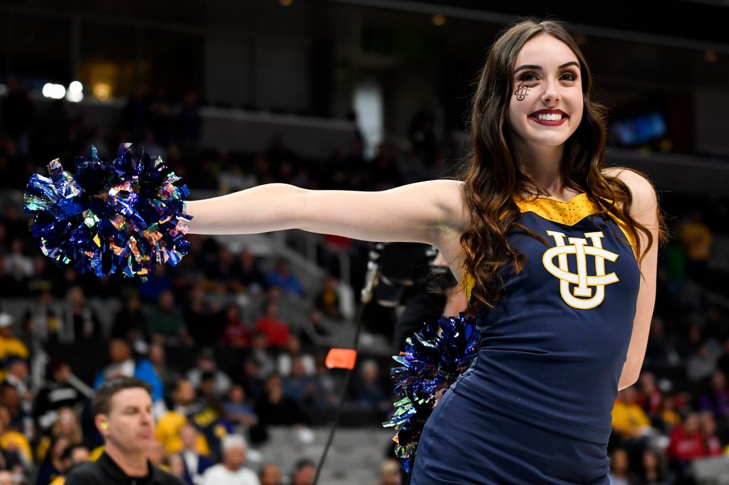 Mar 22, 2019; San Jose, CA, USA; UC Irvine Anteaters cheerleader performs during the first half in the first round of the 2019 NCAA Tournament between the UC Irvine Anteaters and the Kansas State Wildcats at SAP Center. Mandatory Credit: Kelley L Cox-Imagn Images