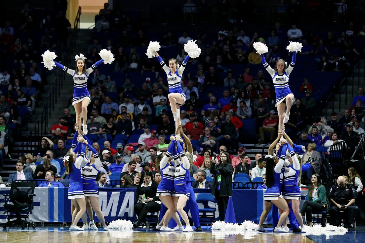 Mar 22, 2019; Tulsa, OK, USA; The Buffalo Bulls cheerleaders perform during a time out of their game against the Arizona State Sun Devils in the first round of the 2019 NCAA Tournament at BOK Center. Mandatory Credit: Brett Rojo-Imagn Images