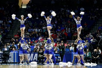 Mar 22, 2019; Tulsa, OK, USA; The Buffalo Bulls cheerleaders perform during a time out of their game against the Arizona State Sun Devils in the first round of the 2019 NCAA Tournament at BOK Center. Mandatory Credit: Brett Rojo-Imagn Images