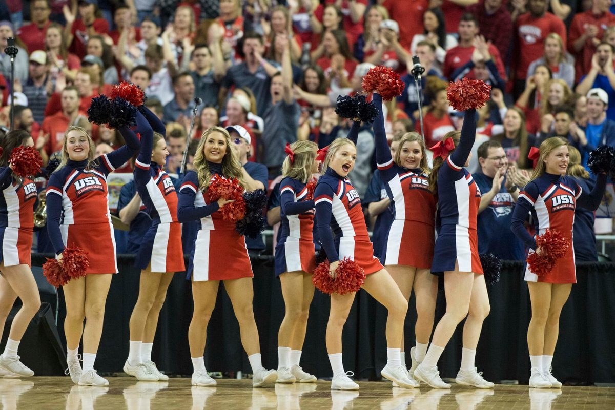 University of Southern Indiana Screaming Eagles cheerleaders hype the crowd during the NCAA Men's Division II Quarterfinals at Ford Center in Evansville, Ind., Wednesday, March 27, 2019. USI defeated West Texas A&M, 94-84. Usi Vs West Texas 31