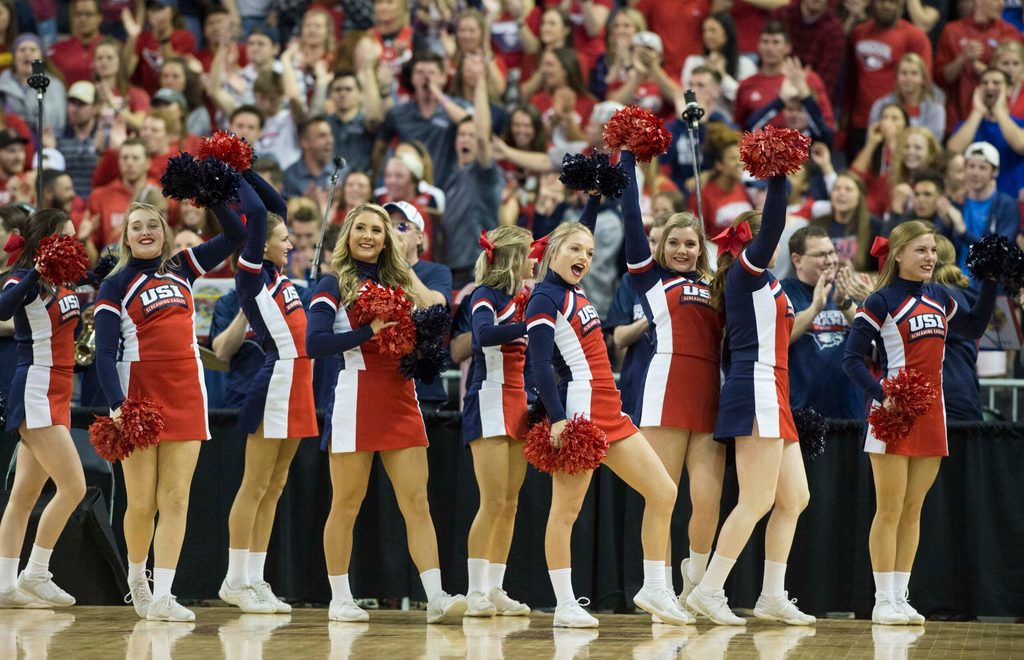 University of Southern Indiana Screaming Eagles cheerleaders hype the crowd during the NCAA Men's Division II Quarterfinals at Ford Center in Evansville, Ind., Wednesday, March 27, 2019. USI defeated West Texas A&M, 94-84. Usi Vs West Texas 31