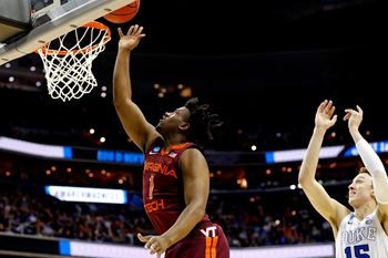 Mar 29, 2019; Washington, DC, USA; Virginia Tech Hokies guard Isaiah Wilkins (1) shoots the ball against Duke Blue Devils guard Alex O'Connell (15) during the second half in the semifinals of the east regional of the 2019 NCAA Tournament at Capital One Arena. Mandatory Credit: Geoff Burke-Imagn Images
