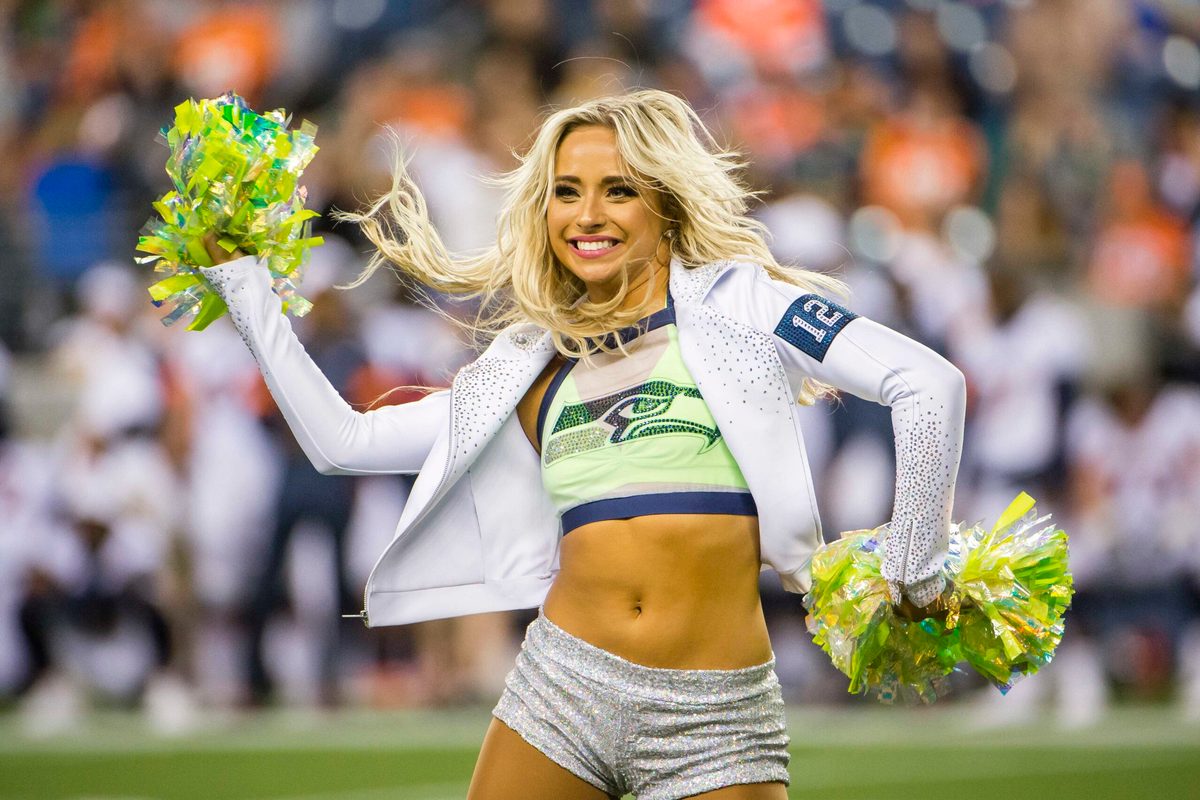 Aug 8, 2019; Seattle, WA, USA; A Seattle Seahawks cheerleader dances during a timeout during the second half against the Denver Broncos at CenturyLink Field. The Seahawks beat the Broncos 22-14. Mandatory Credit: Troy Wayrynen-Imagn Images