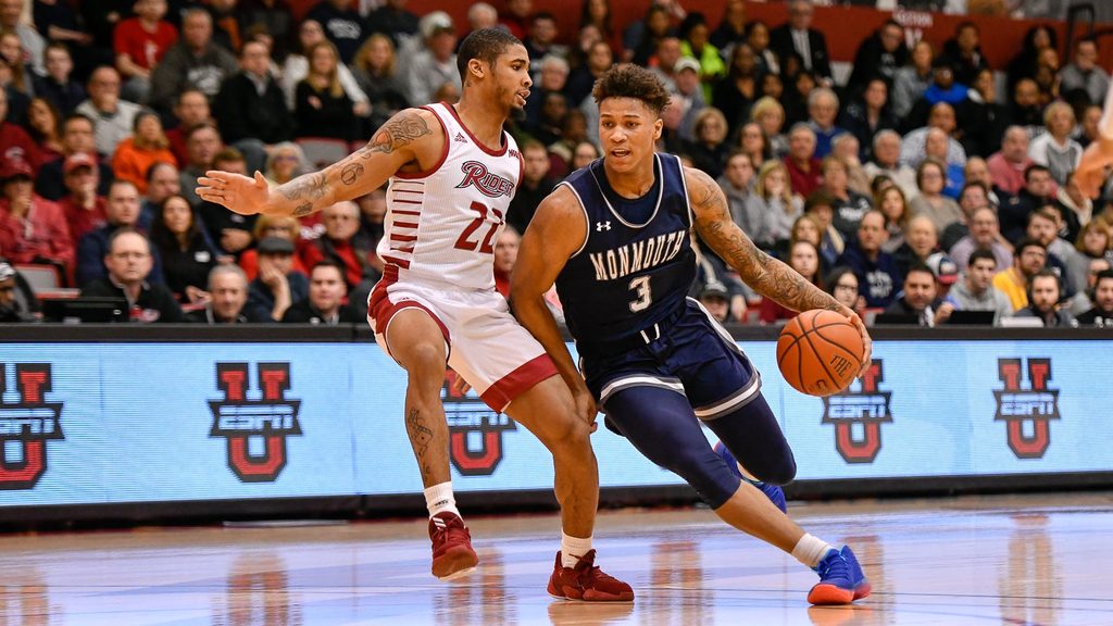 Monmouth's Deion Hammond looks to drive against Rider on Friday night in Lawrenceville.
Mens Basketball At Rider 016