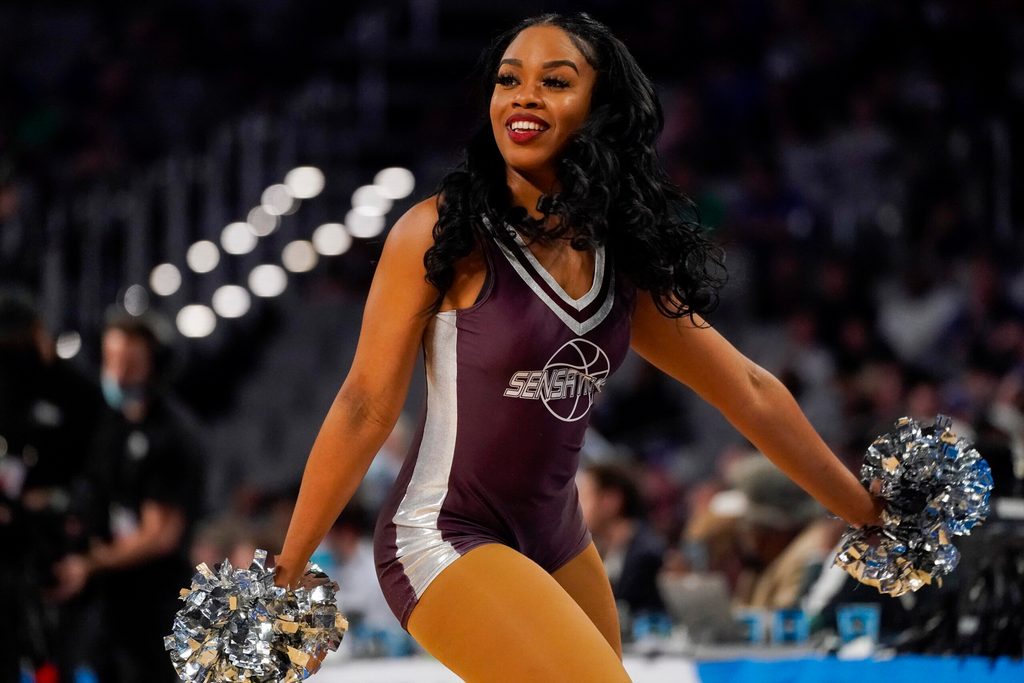 Mar 17, 2022; Fort Worth, TX, USA; The Texas Southern Tigers cheerleaders perform during the first half against the Kansas Jayhawks in the first round of the 2022 NCAA Tournament at Dickies Arena. Mandatory Credit: Chris Jones-Imagn Images
