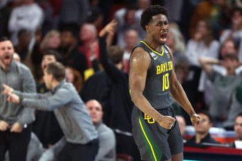 Baylor Bears guard Adam Flagler (10) celebrates after making a 3-pointer late in a men's college basketball game between the University of Oklahoma Sooners (OU) and the Baylor Bears at Lloyd Noble Center in Norman, Okla., Saturday, Jan. 21, 2023. Baylor won 62-60.

ouhoops -- print2