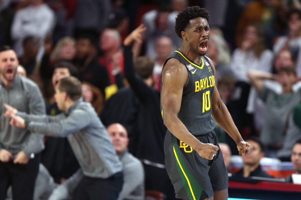 Baylor Bears guard Adam Flagler (10) celebrates after making a 3-pointer late in a men's college basketball game between the University of Oklahoma Sooners (OU) and the Baylor Bears at Lloyd Noble Center in Norman, Okla., Saturday, Jan. 21, 2023. Baylor won 62-60.
ouhoops -- print2