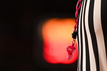 Jan 25, 2023; College Park, Maryland, USA;  A detailed view of the a whistle the referees used during the Coaches vs Cancer game  between the Maryland Terrapins and the Wisconsin Badgers at Xfinity Center. Mandatory Credit: Tommy Gilligan-Imagn Images