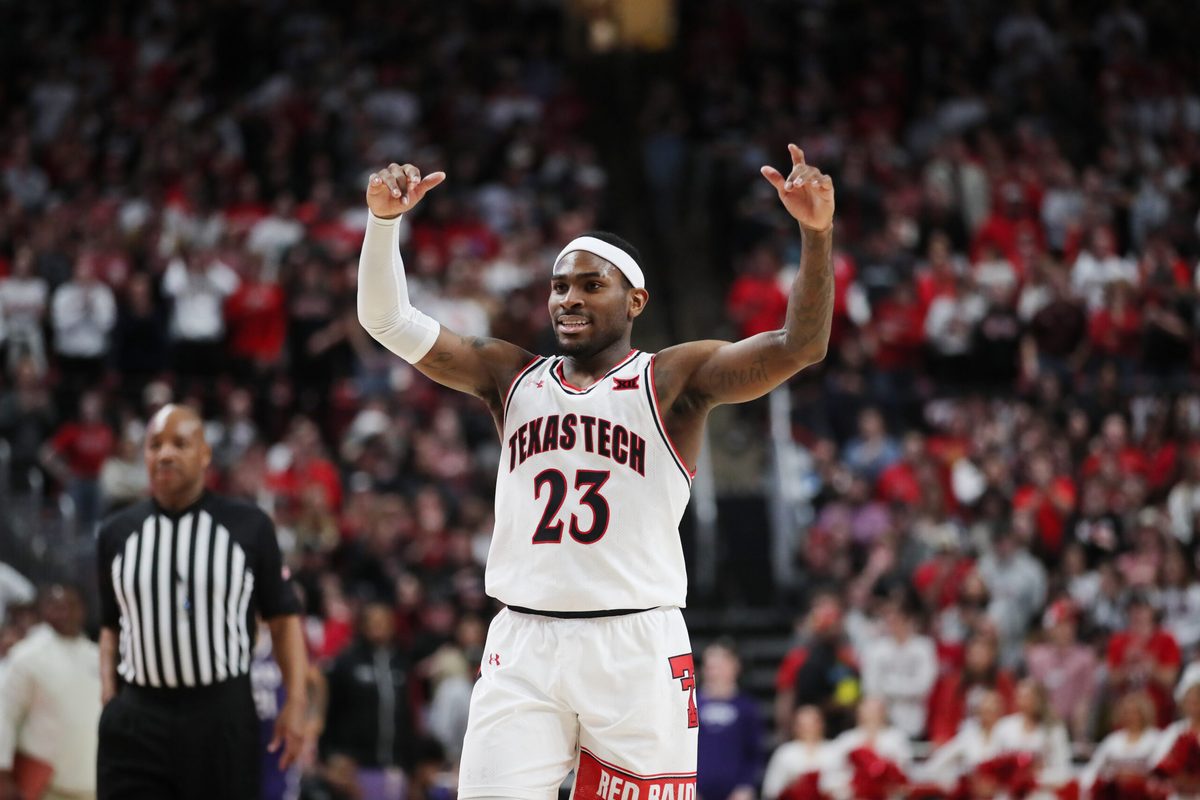 Feb 25, 2023; Lubbock, Texas, USA; Texas Tech Red Raiders guard De Vion Harmon (23) reacts in the second half in the game against the TCU Horned Frogs at United Supermarkets Arena. Mandatory Credit: Michael C. Johnson-Imagn Images