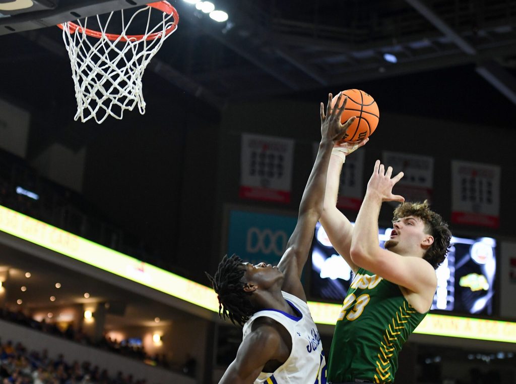 North Dakota State s Andrew Morgan shoots a basket in the Summit League men s semifinal against South Dakota State on Monday, March 6, 2023, at the Denny Sanford Premier Center in Sioux Falls.
Summit Men Semis 015