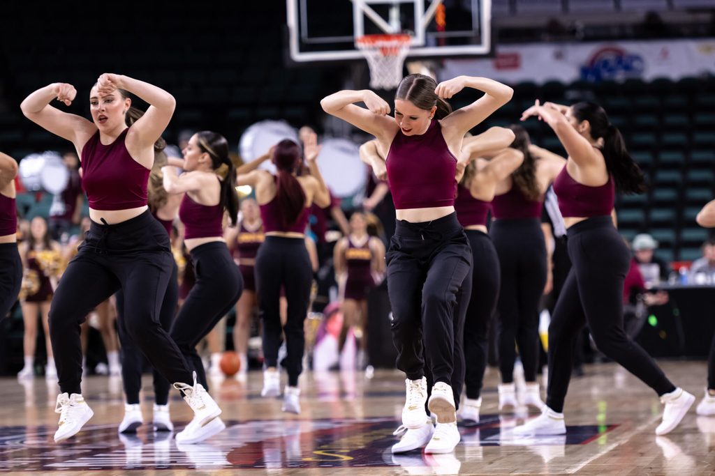 Mar 10, 2023; Atlantic City, NJ, USA; Iona Gaels cheerleaders perform during the second half against the Niagara Purple Eagles at Jim Whelan Boardwalk Hall. Mandatory Credit: John Jones-Imagn Images