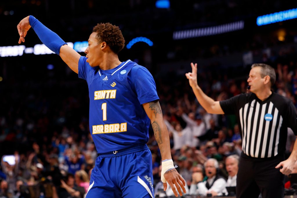 Mar 17, 2023; Denver, CO, USA; UC Santa Barbara Gauchos guard Josh Pierre-Louis (1) celebrates after scoring a basket during the first half against Baylor Bears in the first round of the 2023 NCAA men s basketball tournament at Ball Arena. Mandatory Credit: Michael Ciaglo-Imagn Images