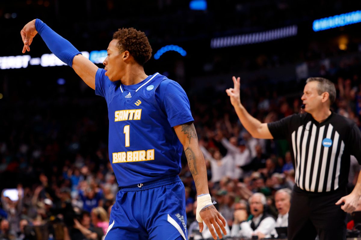 Mar 17, 2023; Denver, CO, USA; UC Santa Barbara Gauchos guard Josh Pierre-Louis (1) celebrates after scoring a basket during the first half against Baylor Bears in the first round of the 2023 NCAA men s basketball tournament at Ball Arena. Mandatory Credit: Michael Ciaglo-Imagn Images