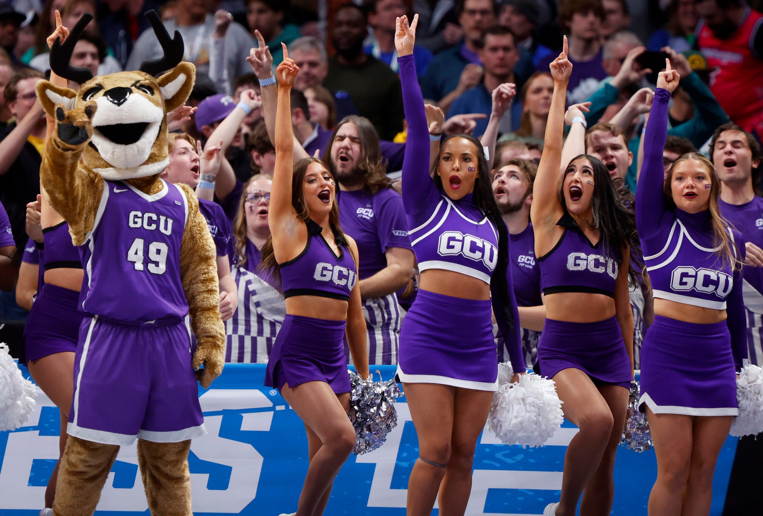 Mar 17, 2023; Denver, CO, USA; Grand Canyon Antelopes cheerleaders during the first half against the Gonzaga Bulldogs at Ball Arena. Mandatory Credit: Michael Ciaglo-Imagn Images