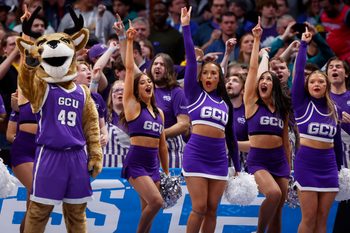 Mar 17, 2023; Denver, CO, USA; Grand Canyon Antelopes cheerleaders during the first half against the Gonzaga Bulldogs at Ball Arena. Mandatory Credit: Michael Ciaglo-Imagn Images
