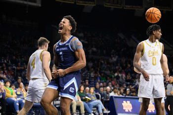 Dec 19, 2023; South Bend, Indiana, USA; Citadel Bulldogs guard AJ Smith (1) reacts in the second half against the Notre Dame Fighting Irish at the Purcell Pavilion. Mandatory Credit: Matt Cashore-Imagn Images