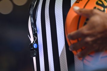 Feb 10, 2024; South Bend, Indiana, USA; A referee   s whistle shown during the second half of the game between the Notre Dame Fighting Irish and the Virginia Tech Hokies at the Purcell Pavilion. Mandatory Credit: Matt Cashore-Imagn Images