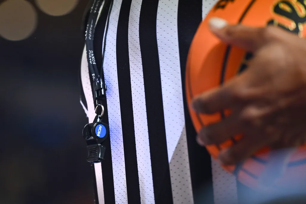 Feb 10, 2024; South Bend, Indiana, USA; A referee s whistle shown during the second half of the game between the Notre Dame Fighting Irish and the Virginia Tech Hokies at the Purcell Pavilion. Mandatory Credit: Matt Cashore-Imagn Images