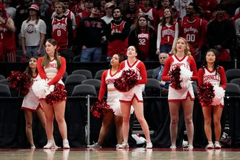 Mar 19, 2024; Columbus, OH, USA; Cornell Big Red cheerleaders react during the second half of the NIT basketball game against the Ohio State Buckeyes at Value City Arena. Ohio State won 88-83.