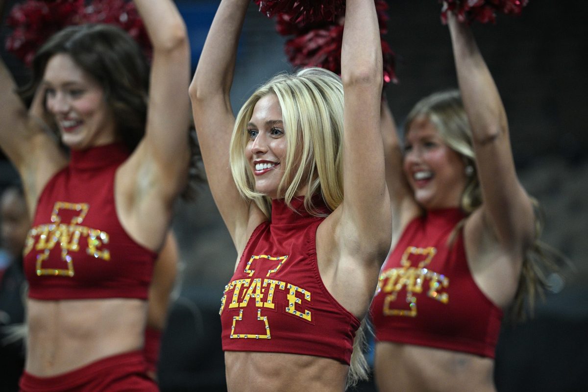 Mar 20, 2024; Omaha, NE, USA; Iowa State Cyclones cheerleaders perform during the NCAA first round practice session at CHI Health Center Omaha. Mandatory Credit: Steven Branscombe-Imagn Images