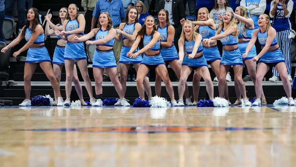 The Indiana State Sycamores cheerleaders dance along the sidelines Wednesday, March 20, 2024, during the first round of the NIT at the Hulman Center in Terre Haute.