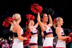 March 22, 2024, Brooklyn, NY, USA; Florida Atlantic Owls cheerleaders perform against the Northwestern Wildcats in the first round of the 2024 NCAA Tournament at the Barclays Center. Mandatory Credit: Robert Deutsch-Imagn Images