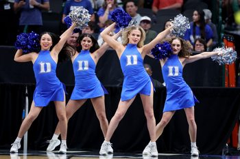Mar 29, 2024; Dallas, TX, USA; Duke Blue Devils cheerleaders before the semifinals of the South Regional of the 2024 NCAA Tournament against the Houston Cougars at American Airlines Center. Mandatory Credit: Kevin Jairaj-Imagn Images