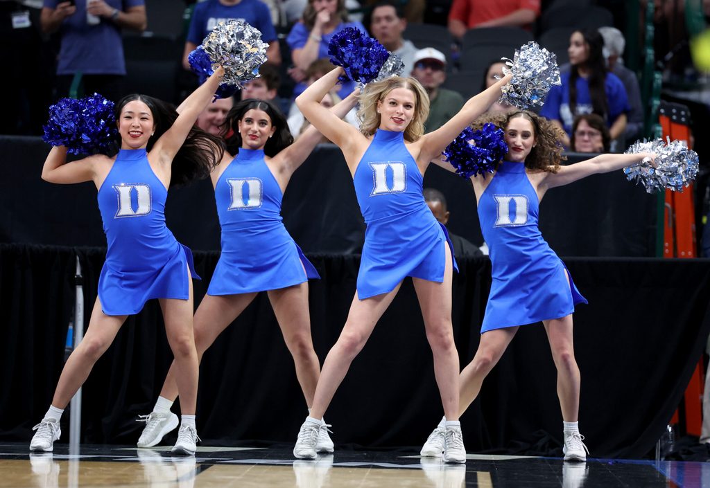 Mar 29, 2024; Dallas, TX, USA; Duke Blue Devils cheerleaders before the semifinals of the South Regional of the 2024 NCAA Tournament against the Houston Cougars at American Airlines Center. Mandatory Credit: Kevin Jairaj-Imagn Images