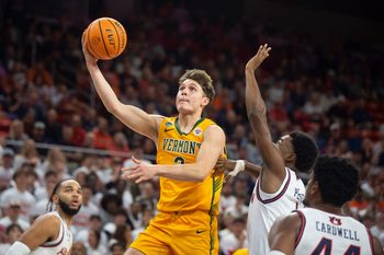 Vermont Catamounts guard TJ Hurley (3) goes up for a layup as Auburn Tigers take on Vermont Catamounts at Neville Arena in Auburn, Ala., on Wednesday, Nov. 6, 2024.