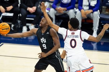 North Alabama Lions guard Taye Fields (9) goes up for a layup as Auburn Tigers take on North Alabama Lions at Neville Arena in Auburn, Ala., on Monday, Nov. 18, 2024. Auburn Tigers defeated North Alabama Lions 102-69.