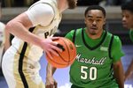 Nov 23, 2024; West Lafayette, Indiana, USA; Marshall Thundering Herd guard Jalen Speer (50) looks at a ball controlled by Purdue Boilermakers guard Braden Smith (3) during the first half at Mackey Arena. Mandatory Credit: Marc Lebryk-Imagn Images