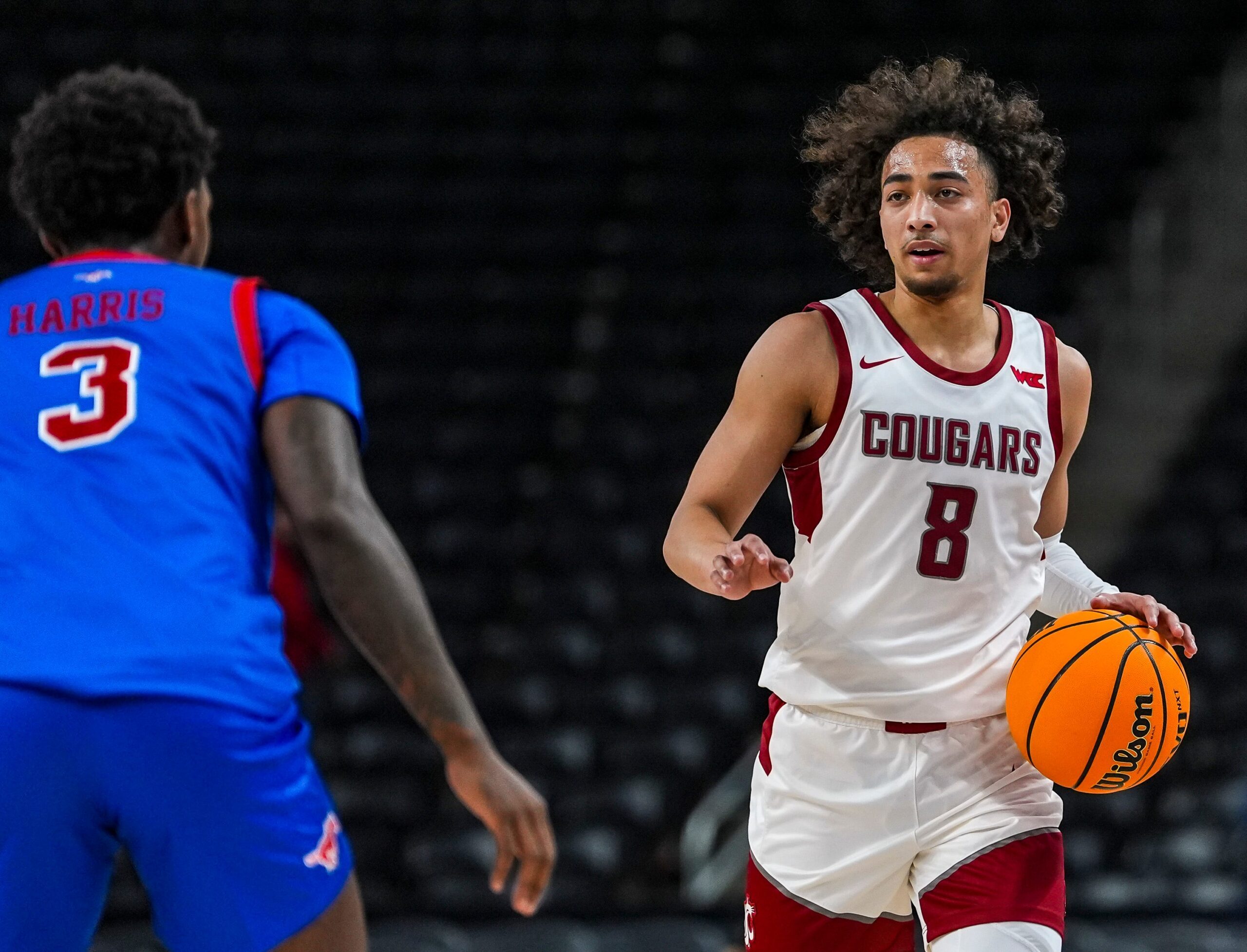 Washington State Cougars guard Nate Calmese (8) takes the ball down the court during the first half of their game in the Acrisure Series in Palm Desert, Calif., Wednesday, Nov. 27, 2024.