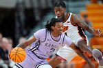 Kansas State Wildcats guard C.J. Jones (3) goes past Oklahoma State Cowboys guard Davonte Davis (4) during a men's BIG 12 basketball game between the Oklahoma State University Cowboys (OSU) and the Kansas State Wildcats at Gallagher-Iba Arena in Stillwater, Okla., Tuesday, Jan. 7, 2025.