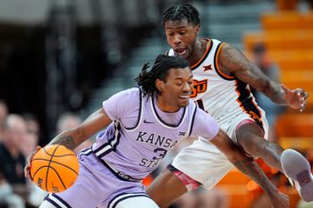 Kansas State Wildcats guard C.J. Jones (3) goes past Oklahoma State Cowboys guard Davonte Davis (4) during a men's BIG 12 basketball game between the Oklahoma State University Cowboys (OSU) and the Kansas State Wildcats at Gallagher-Iba Arena in Stillwater, Okla., Tuesday, Jan. 7, 2025.