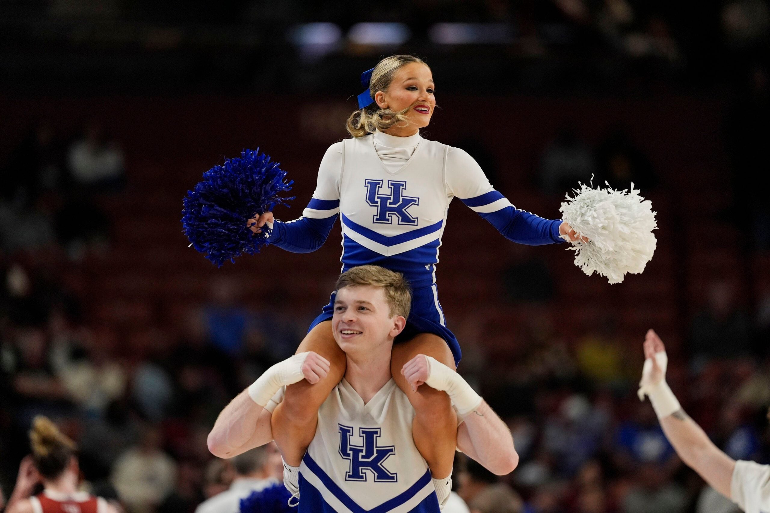 Mar 7, 2025; Greenville, SC, USA; Kentucky Wildcats cheerleaders perform  during the first half between the Oklahoma Sooners and the Kentucky Wildcats at Bon Secours Wellness Arena. Mandatory Credit: Jim Dedmon-Imagn Images