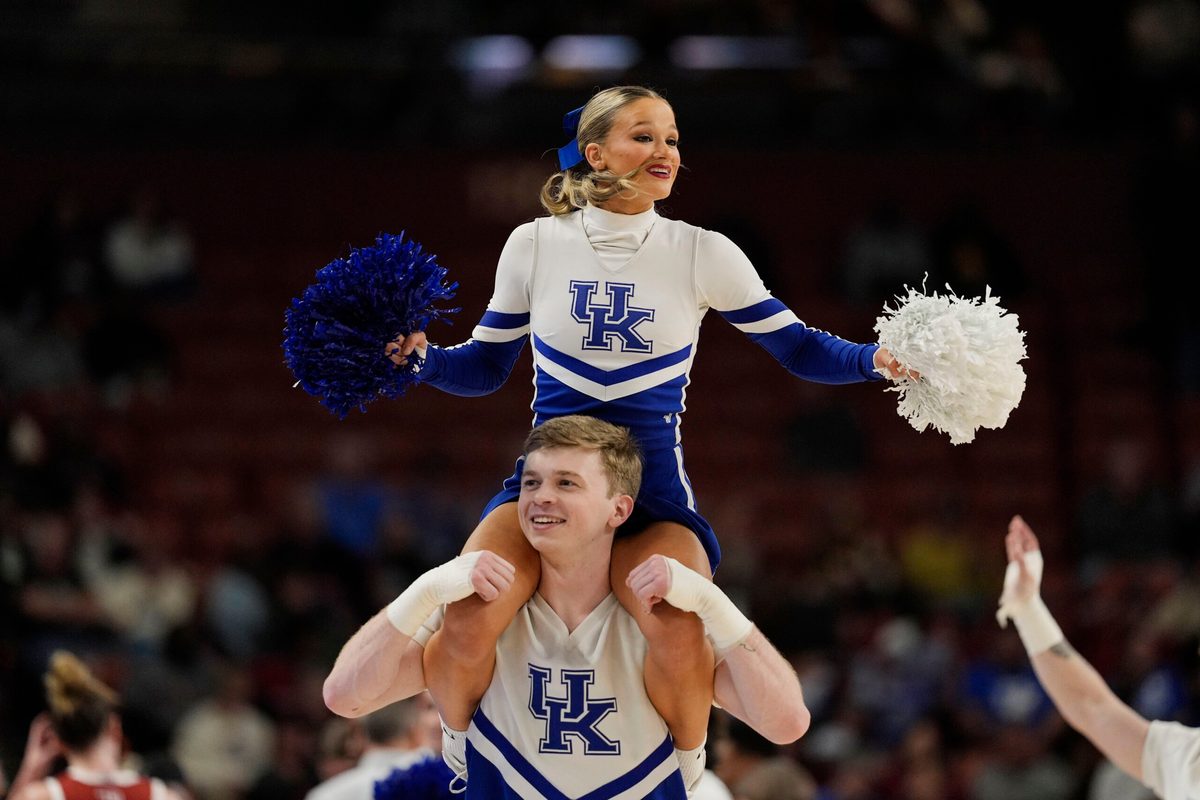 Mar 7, 2025; Greenville, SC, USA; Kentucky Wildcats cheerleaders perform during the first half between the Oklahoma Sooners and the Kentucky Wildcats at Bon Secours Wellness Arena. Mandatory Credit: Jim Dedmon-Imagn Images