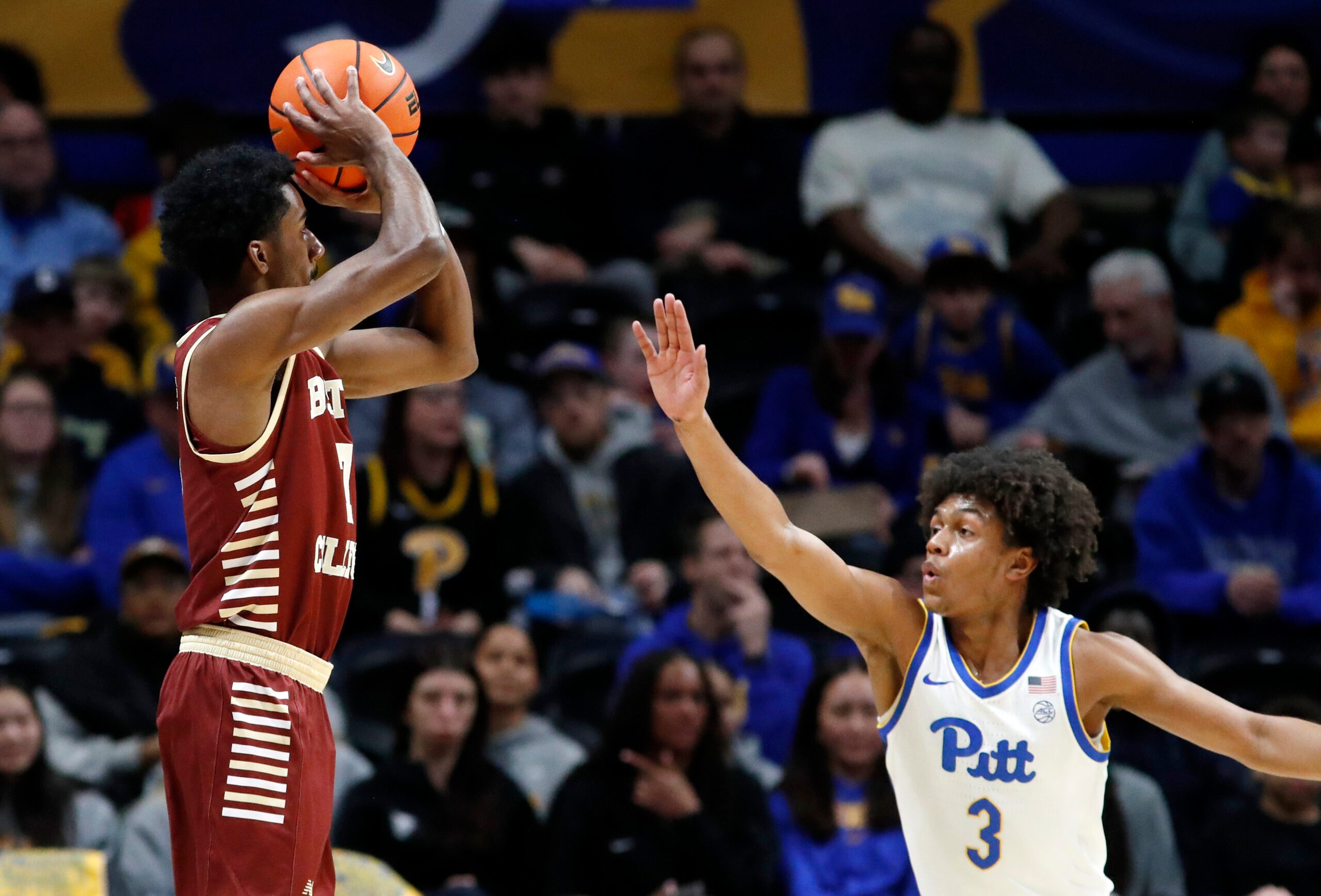 Mar 8, 2025; Pittsburgh, Pennsylvania, USA;  Boston College Eagles guard Joshua Beadle (7) shoots against Pittsburgh Panthers guard Brandin Cummings (3) during the first half at the Petersen Events Center. Mandatory Credit: Charles LeClaire-Imagn Images