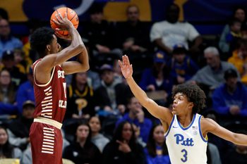 Mar 8, 2025; Pittsburgh, Pennsylvania, USA;  Boston College Eagles guard Joshua Beadle (7) shoots against Pittsburgh Panthers guard Brandin Cummings (3) during the first half at the Petersen Events Center. Mandatory Credit: Charles LeClaire-Imagn Images