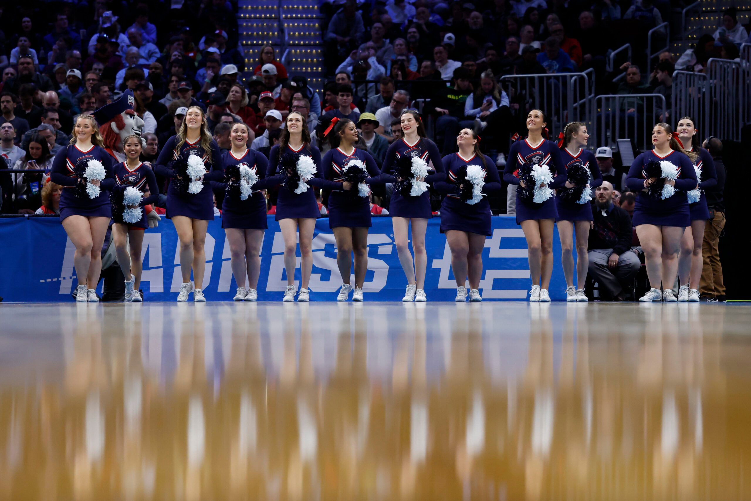 Mar 21, 2025; Cleveland, OH, USA; Robert Morris Colonials cheerleaders perform in the second half against the Alabama Crimson Tide during the NCAA Tournament First Round at Rocket Arena. Mandatory Credit: Rick Osentoski-Imagn Images