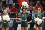Mar 30, 2025; Atlanta, GA, USA; Michigan State Spartans cheerleaders before a South Regional final of the 2025 NCAA tournament against the Auburn Tigers at State Farm Arena. Mandatory Credit: Brett Davis-Imagn Images