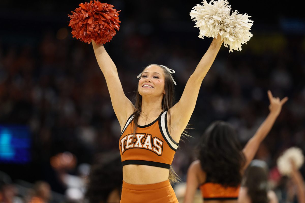 Apr 4, 2025; Tampa, FL, USA;  The Texas Longhorns cheerleaders perform during the third quarter in a semifinal of the women's 2025 NCAA tournament against the South Carolina Gamecocks at Amalie Arena. Mandatory Credit: Nathan Ray Seebeck-Imagn Images