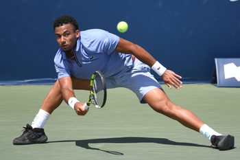 Aug 1, 2025; Toronto, ON, Canada;   Jiri Lehecka (CZE) plays a shot against Arthur Fils (FRA) during third round play at Sobeys Stadium. Mandatory Credit: Dan Hamilton-Imagn Images