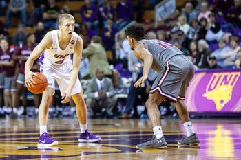 Northern Iowa guard A.J. Green looks around the court while being defended by Southern Illinois guard Aaron Cook (10) during a NCAA Missouri Valley Conference men's basketball game on Saturday, Jan. 5, 2019, at the McLeod Center in Cedar Falls, Iowa.

190105 Uni S Illinois 028 Jpg