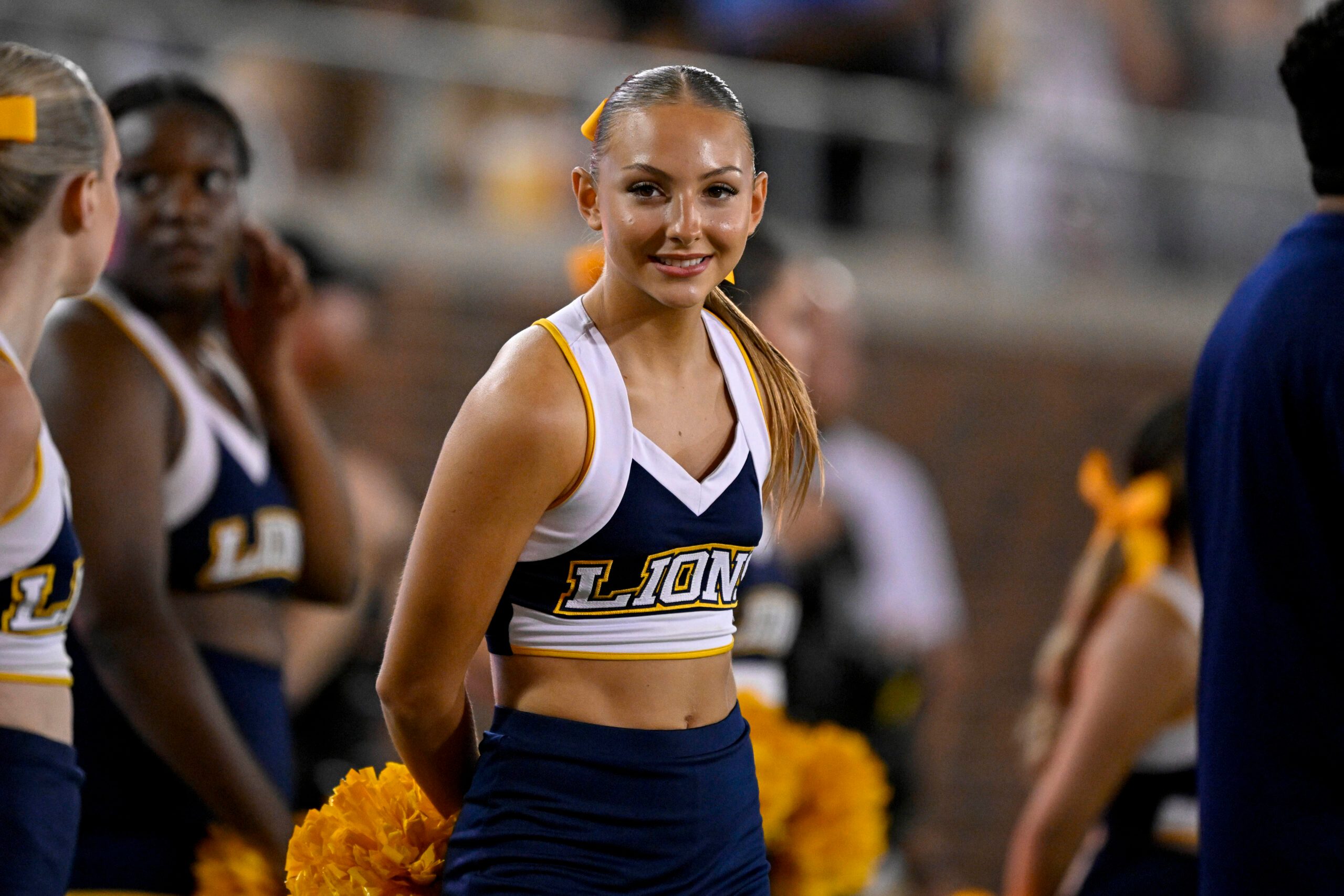 Aug 30, 2025; Dallas, Texas, USA; A East Texas A&M Lions cheerleader looks on during the second half against the Southern Methodist Mustangs at Gerald J. Ford Stadium. Mandatory Credit: Jerome Miron-Imagn Images