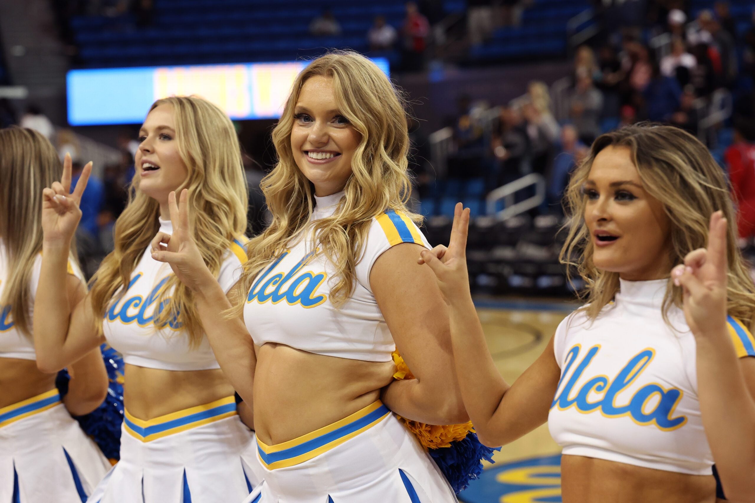 Nov 3, 2025; Los Angeles, California, USA;  UCLA Bruins cheerleaders perform after defeating the Eastern Washington Eagles at Pauley Pavilion presented by Wescom Financial. Mandatory Credit: Kiyoshi Mio-Imagn Images
