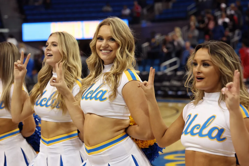 Nov 3, 2025; Los Angeles, California, USA; UCLA Bruins cheerleaders perform after defeating the Eastern Washington Eagles at Pauley Pavilion presented by Wescom Financial. Mandatory Credit: Kiyoshi Mio-Imagn Images