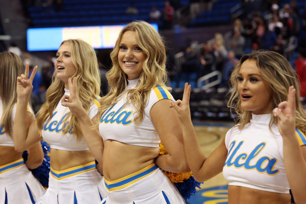 Nov 3, 2025; Los Angeles, California, USA; UCLA Bruins cheerleaders perform after defeating the Eastern Washington Eagles at Pauley Pavilion presented by Wescom Financial. Mandatory Credit: Kiyoshi Mio-Imagn Images