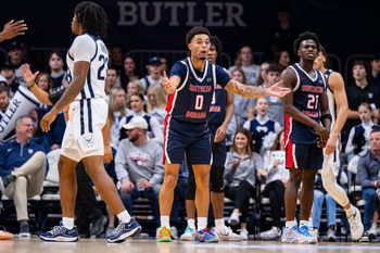 Southern Indiana Screaming Eagles guard Kaden Brown (0) reacts to a call during the second half of an NCAA basketball game against the Butler Bulldogs, Wednesday, Nov. 5, 2025, at Hinkle Fieldhouse.