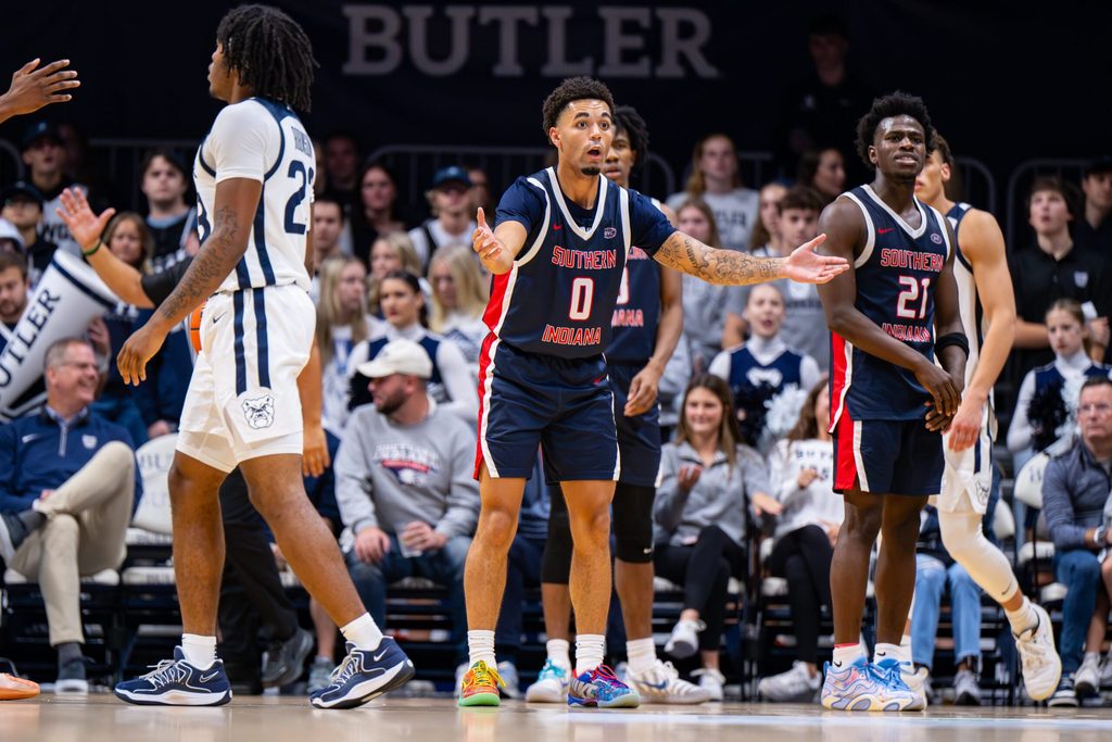 Southern Indiana Screaming Eagles guard Kaden Brown (0) reacts to a call during the second half of an NCAA basketball game against the Butler Bulldogs, Wednesday, Nov. 5, 2025, at Hinkle Fieldhouse.