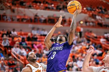 Nov 12, 2025; Stillwater, Oklahoma, USA; Prairie View A&M Panthers guard Tai'Reon Joseph (3) shoots the ball during the second half against the Oklahoma State Cowboys at Gallagher-Iba Arena. Mandatory Credit: William Purnell-Imagn Images